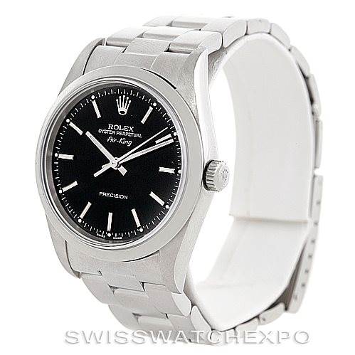 The image shows a Rolex Air-King 14000 Men's Stainless Steel Black Dial 14000 Men's Stainless Steel Black Dial watch from a side angle, displaying the face, bezel, crown, and part of the bracelet.
