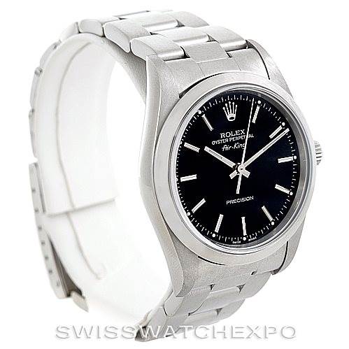 The Rolex Air-King 14000 Men's Stainless Steel Black Dial 14000 Men's Stainless Steel Black Dial watch is shown at a slight angle, displaying the face, band, and side profile.