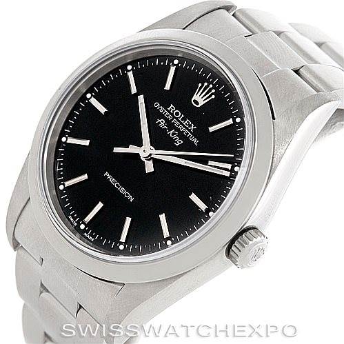 The image shows a Rolex Air-King 14000 Men's Stainless Steel Black Dial 14000 Men's Stainless Steel Black Dial watch angled from the top-right, displaying its black dial, crown, and stainless steel bracelet.
