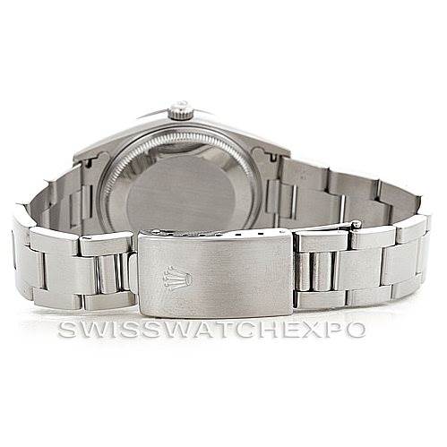 The image shows the Rolex Air-King 14000 Men's Stainless Steel Black Dial 14000 Men's Stainless Steel Black Dial watch from the back, highlighting the bracelet and closed clasp with the Rolex logo.