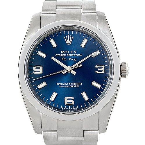 The Rolex Air-King 114200 Men's Stainless Steel Blue Dial 114200 Men's Stainless Steel Blue Dial watch is shown from the front, displaying the face, bezel, and part of the bracelet.