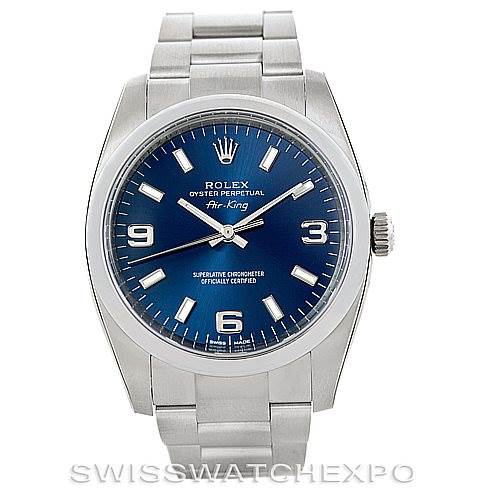 The image shows a front view of the Rolex Air-King 114200 Men's Stainless Steel Blue Dial 114200 Men's Stainless Steel Blue Dial watch, featuring the dial, bezel, crown, and bracelet.