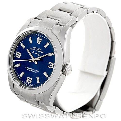 The image shows a Rolex Air-King 114200 Men's Stainless Steel Blue Dial 114200 Men's Stainless Steel Blue Dial watch at a three-quarter angle, highlighting the bracelet, case, and blue dial.