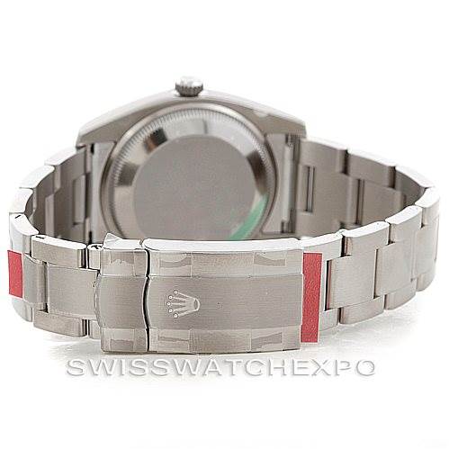 The image shows the back and bracelet of a Rolex Air-King 114200 Men's Stainless Steel Blue Dial 114200 Men's Stainless Steel Blue Dial watch, viewed from the rear.