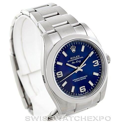 The image shows a Rolex Air-King 114200 Men's Stainless Steel Blue Dial 114200 Men's Stainless Steel Blue Dial watch with a blue dial, photographed from an angled side view highlighting the bracelet and case.