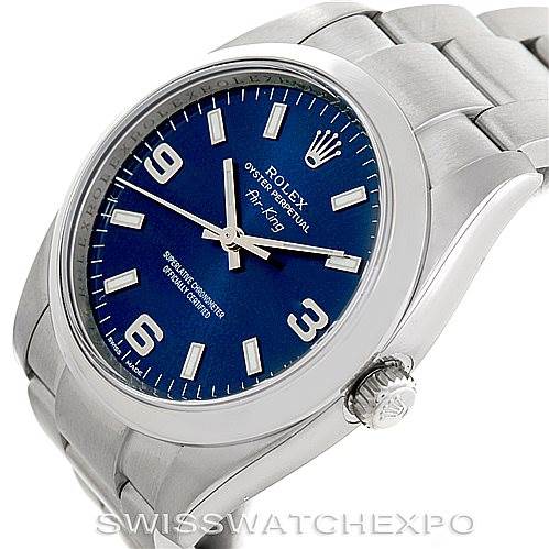 The image shows a Rolex Air-King 114200 Men's Stainless Steel Blue Dial 114200 Men's Stainless Steel Blue Dial watch at an angled view, highlighting the watch face, casing, and part of the bracelet.