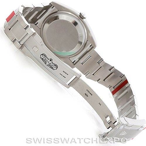 This image shows the back case and the partially opened bracelet of the Rolex Air-King 114200 Men's Stainless Steel Blue Dial 114200 Men's Stainless Steel Blue Dial watch, highlighting its metal links.