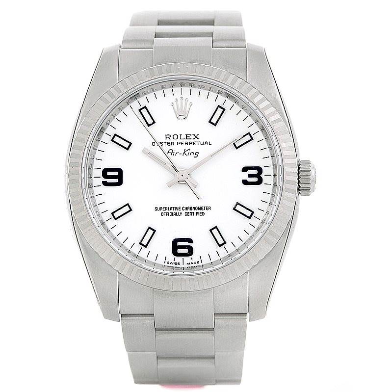 This Rolex Air-King 114234 Men's Stainless Steel White Dial 114234 Men's Stainless Steel White Dial watch is shown from a front angle, displaying the dial, hands, bezel, crown, and bracelet.