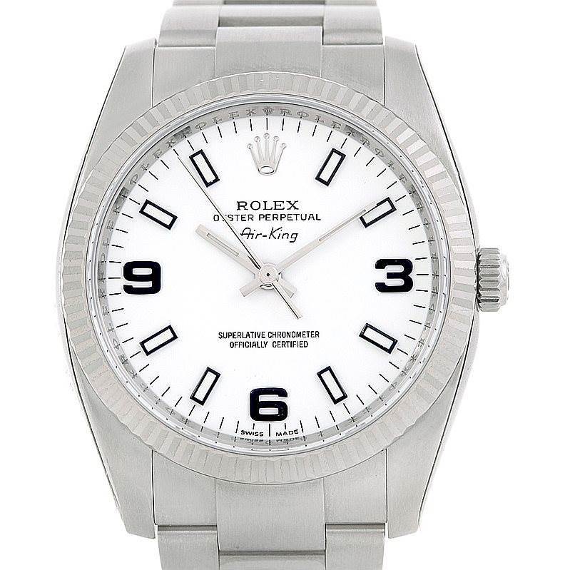 This image shows a Rolex Air-King 114234 Men's Stainless Steel White Dial 114234 Men's Stainless Steel White Dial watch from a straight-on angle, highlighting the dial, bezel, crown, and bracelet.