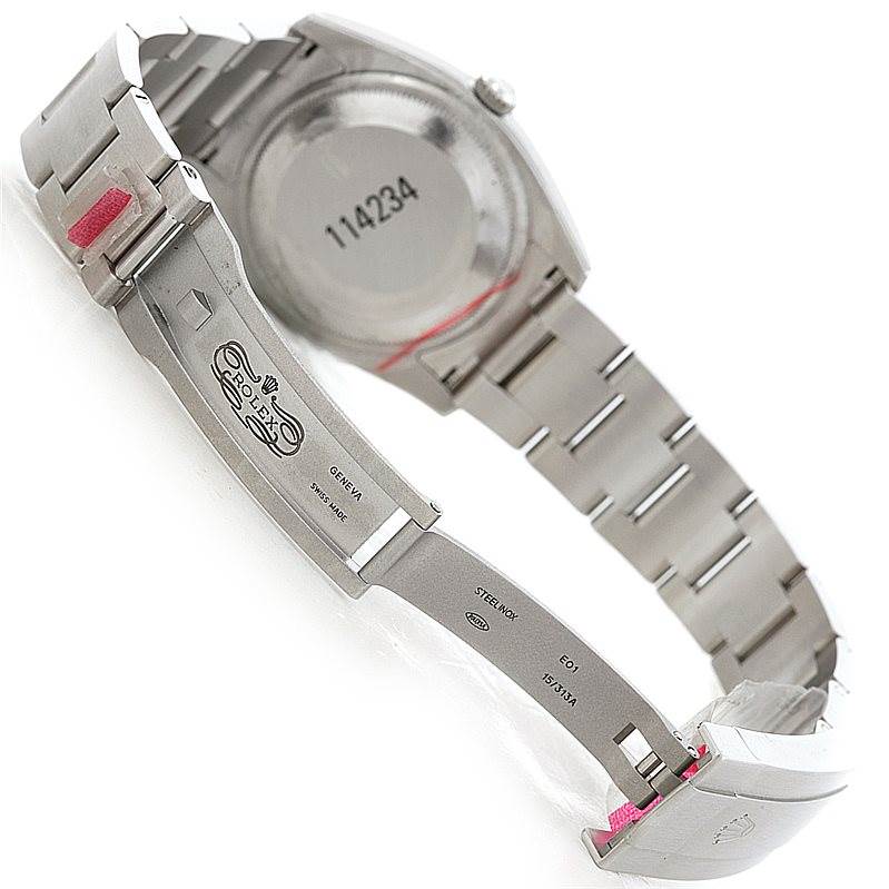 The image shows the back case and partially opened bracelet clasp of a Rolex Air-King 114234 Men's Stainless Steel White Dial 114234 Men's Stainless Steel White Dial watch.