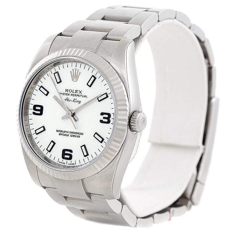 The image shows a Rolex Air-King 114234 Men's Stainless Steel White Dial 114234 Men's Stainless Steel White Dial watch from a slightly angled front view displaying the face, bezel, and part of the bracelet.