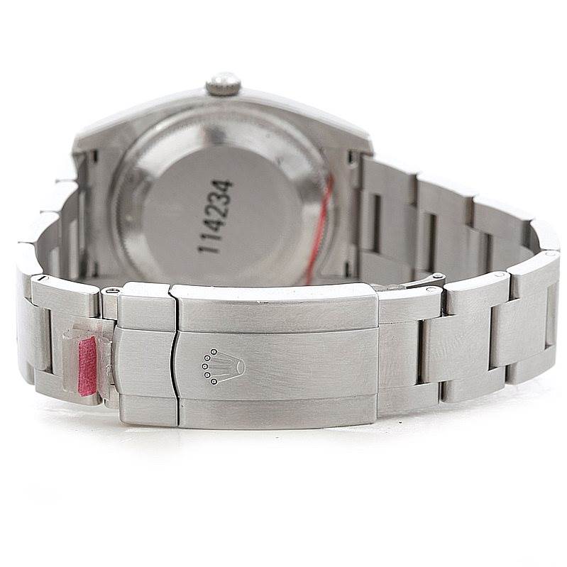 The image shows the rear view and clasp of a Rolex Air-King 114234 Men's Stainless Steel White Dial 114234 Men's Stainless Steel White Dial watch.