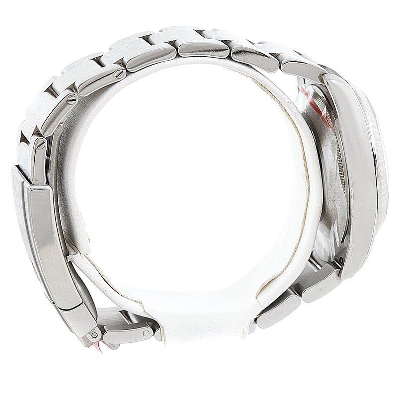 This is a side profile view of a Rolex Air-King 114234 Men's Stainless Steel White Dial 114234 Men's Stainless Steel White Dial watch, focused on the bracelet and the case.