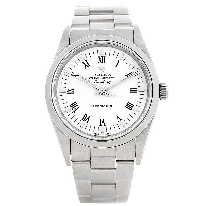 The image shows a frontal view of a Rolex Air-King 14000 Men's Stainless Steel White Dial 14000 Men's Stainless Steel White Dial watch, displaying its face, bezel, crown, and bracelet.