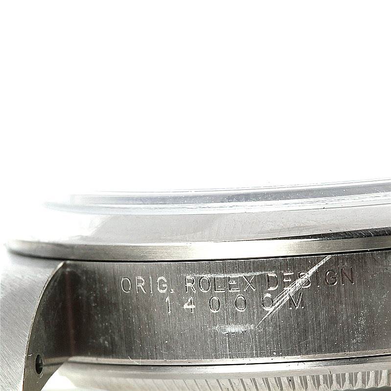 This image shows a close-up of the side of a Rolex Air-King 14000 Men's Stainless Steel White Dial 14000 Men's Stainless Steel White Dial watch case, displaying the model number and part of the bezel.