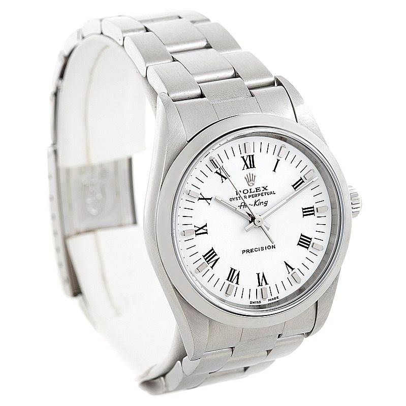 The image shows a front-side angle of a Rolex Air-King 14000 Men's Stainless Steel White Dial 14000 Men's Stainless Steel White Dial watch, featuring its dial, bezel, and bracelet.