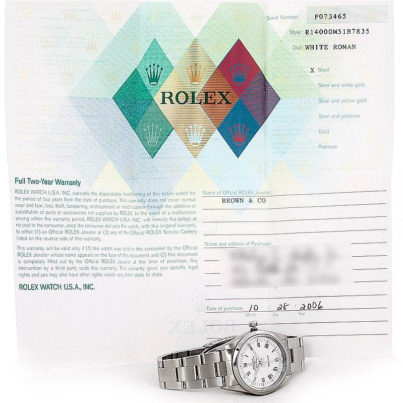The image shows the Rolex Air-King 14000 Men's Stainless Steel White Dial 14000 Men's Stainless Steel White Dial watch at an angled view, paired with its warranty certificate.