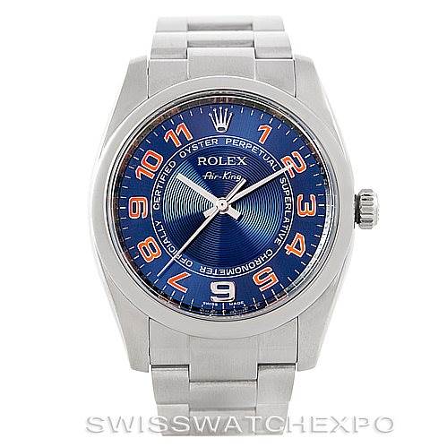 The image shows a front view of a Rolex Air-King 114200 Men's Stainless Steel Blue Dial 114200 Men's Stainless Steel Blue Dial watch displaying its dial, crown, and part of the bracelet.