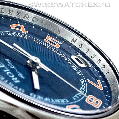 This image shows a close-up angle of the Rolex Air-King 114200 Men's Stainless Steel Blue Dial 114200 Men's Stainless Steel Blue Dial watch's dial, hands, and bezel, highlighting the numerals and text.