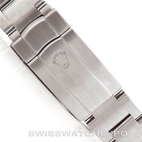 This image shows a close-up of the bracelet clasp of a Rolex Air-King 114200 Men's Stainless Steel Blue Dial 114200 Men's Stainless Steel Blue Dial watch, featuring the Rolex logo.