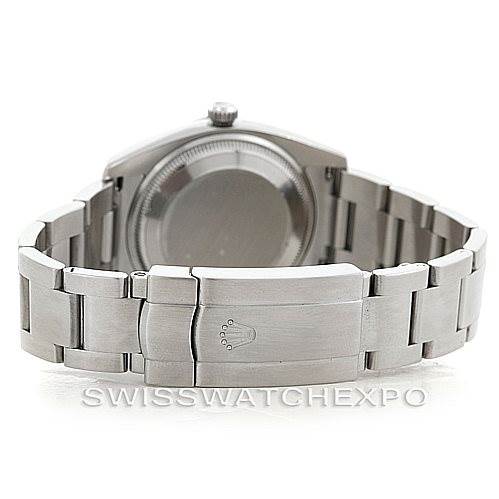 This image shows the back of the Rolex Air-King 114200 Men's Stainless Steel Blue Dial 114200 Men's Stainless Steel Blue Dial watch, focusing on the bracelet and clasp with the crown logo.