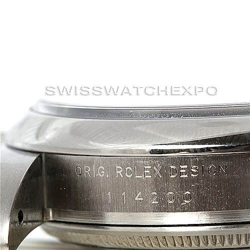 This close-up angle of the Rolex Air-King 114200 Men's Stainless Steel Blue Dial 114200 Men's Stainless Steel Blue Dial watch shows the side, focusing on the engraved model number and case details.