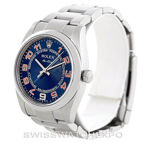 The Rolex Air-King 114200 Men's Stainless Steel Blue Dial 114200 Men's Stainless Steel Blue Dial watch is shown at a slight angle, displaying its blue dial, silver bracelet, and side crown.