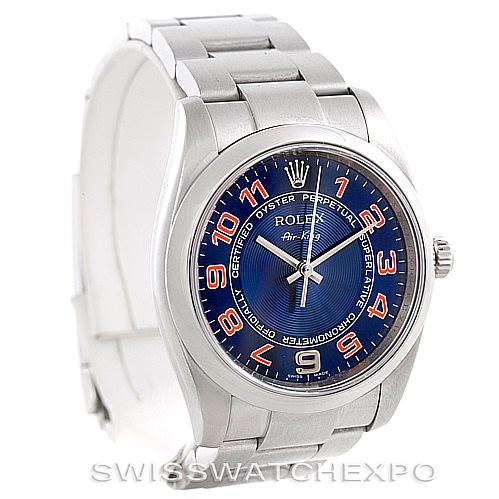 This image shows a Rolex Air-King 114200 Men's Stainless Steel Blue Dial 114200 Men's Stainless Steel Blue Dial watch from a front angle, highlighting its face, bezel, crown, and part of the bracelet.