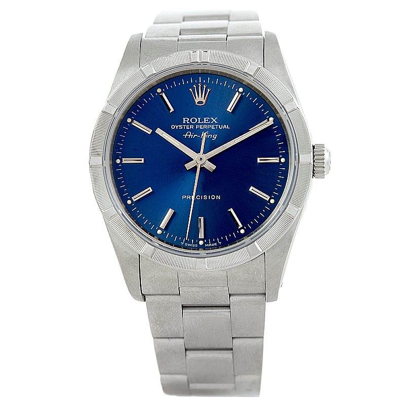 This Rolex Air-King 14010 Men's Stainless Steel Blue Dial 14010 Men's Stainless Steel Blue Dial watch is shown from the front, displaying its blue dial, hour markers, bezel, and bracelet.