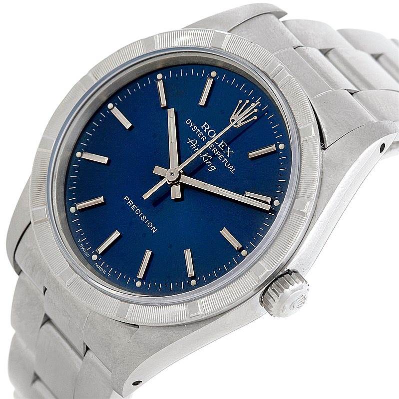 This Rolex Air-King 14010 Men's Stainless Steel Blue Dial 14010 Men's Stainless Steel Blue Dial watch is shown at an angled close-up, highlighting its blue dial, bezel, and part of the bracelet.