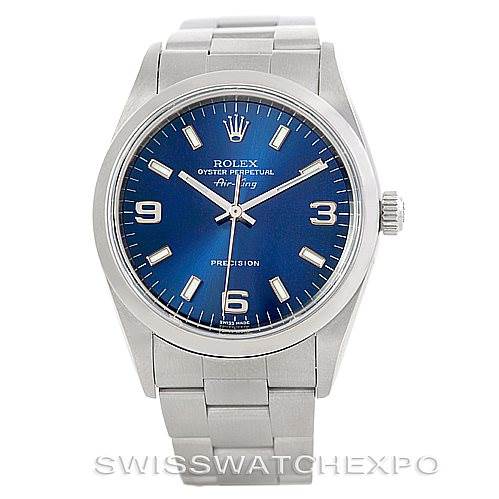 The image shows a front view of a Rolex Air-King 14000 Men's Stainless Steel Blue Dial 14000 Men's Stainless Steel Blue Dial watch, highlighting its blue dial, crown, and stainless steel bracelet.