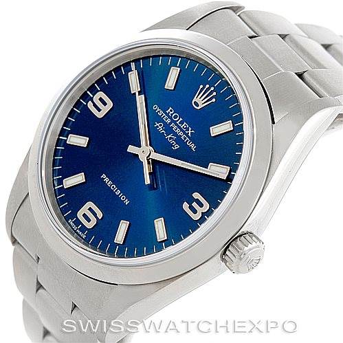 The Rolex Air-King 14000 Men's Stainless Steel Blue Dial 14000 Men's Stainless Steel Blue Dial watch is shown at a slight angle, displaying the face, crown, and bracelet.