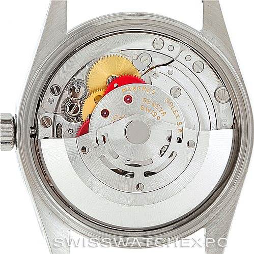 This image shows the internal mechanical parts and movement of a Rolex Air-King 14000 Men's Stainless Steel Blue Dial 14000 Men's Stainless Steel Blue Dial watch viewed from the back.