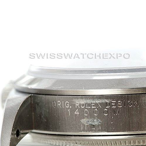 The image shows a close-up of the side of a Rolex Air-King 14000 Men's Stainless Steel Blue Dial 14000 Men's Stainless Steel Blue Dial watch, displaying the "ORIG. ROLEX DESIGN 14000M" engraving.