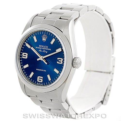 The Rolex Air-King 14000 Men's Stainless Steel Blue Dial 14000 Men's Stainless Steel Blue Dial watch is shown at a front angle, highlighting its blue dial, silver bracelet, and crown.