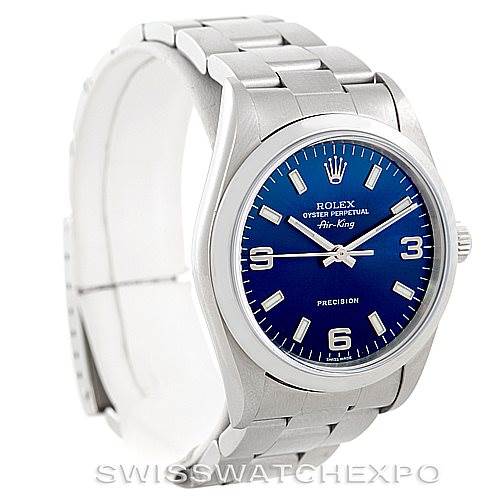 This image shows a side-front angle of the Rolex Air-King 14000 Men's Stainless Steel Blue Dial 14000 Men's Stainless Steel Blue Dial watch, highlighting its dial, bezel, and bracelet.