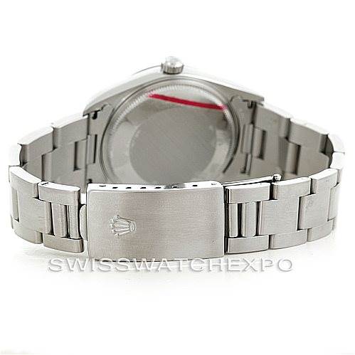 This image shows the back view of a Rolex Air-King 14000 Men's Stainless Steel Blue Dial 14000 Men's Stainless Steel Blue Dial watch, focusing on the metal bracelet and clasp with the Rolex logo.