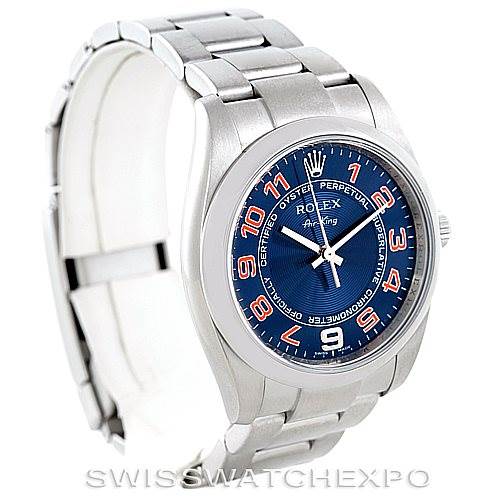 The image shows a Rolex Air-King 114200 Men's Stainless Steel Blue Dial 114200 Men's Stainless Steel Blue Dial watch from a front-left angle, highlighting its face, bezel, and bracelet.