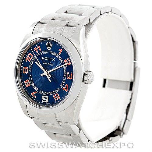 The image shows a Rolex Air-King 114200 Men's Stainless Steel Blue Dial 114200 Men's Stainless Steel Blue Dial watch at a slight angle, displaying the face, bezel, crown, and part of the bracelet.