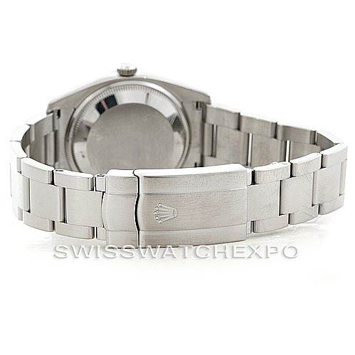 This image shows the back view of a Rolex Air-King 114200 Men's Stainless Steel Blue Dial 114200 Men's Stainless Steel Blue Dial watch, focusing on the closed clasp and bracelet.
