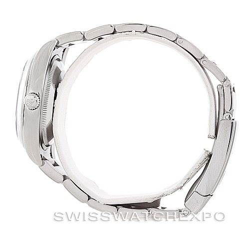 The image shows a side profile view of a Rolex Air-King 114200 Men's Stainless Steel Blue Dial 114200 Men's Stainless Steel Blue Dial watch, highlighting the case, crown, and bracelet.