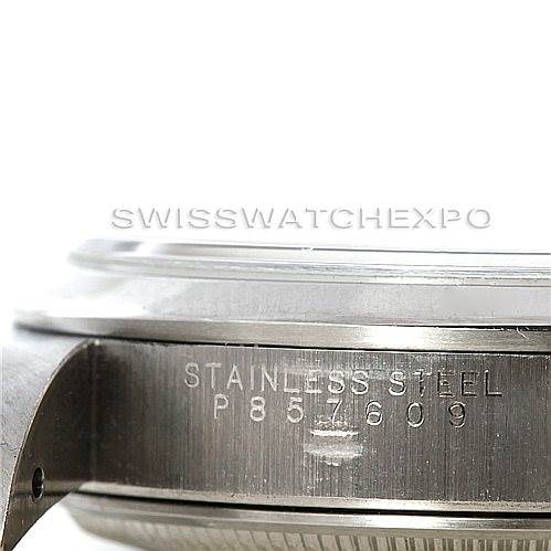 This image shows a close-up of a Rolex Air-King 14000 Men's Stainless Steel Black Dial 14000 Men's Stainless Steel Black Dial watch, focusing on the stainless steel case with the serial number engraved.