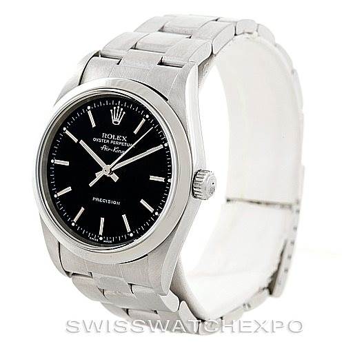 The image shows a frontal view of a Rolex Air-King 14000 Men's Stainless Steel Black Dial 14000 Men's Stainless Steel Black Dial watch, featuring its face, bezel, crown, and part of its bracelet.