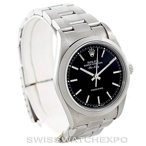 The image shows a front and slightly angled side view of a Rolex Air-King 14000 Men's Stainless Steel Black Dial 14000 Men's Stainless Steel Black Dial watch, highlighting its face, bezel, and bracelet.