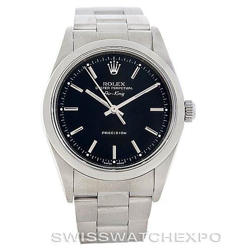 This image shows a front view of the Rolex Air-King 14000 Men's Stainless Steel Black Dial 14000 Men's Stainless Steel Black Dial watch, displaying its face, bezel, crown, and bracelet.