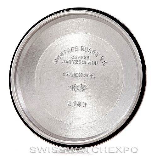 This image shows the case back of a Rolex Air-King 14000 Men's Stainless Steel Black Dial 14000 Men's Stainless Steel Black Dial model, featuring branding and inscriptions.