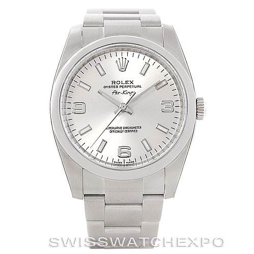 The image shows a front view of a Rolex Air-King 114200 Men's Stainless Steel Silver Dial 114200 Men's Stainless Steel Silver Dial watch displaying its face, bezel, and bracelet.