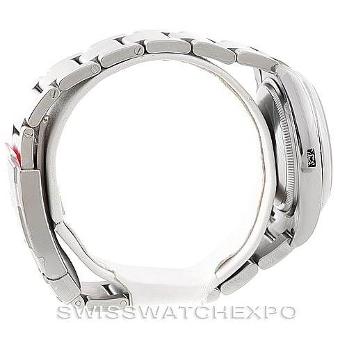 The image displays a side profile view of the Rolex Air-King 114200 Men's Stainless Steel Silver Dial 114200 Men's Stainless Steel Silver Dial watch, showcasing the bracelet, case, and crown.