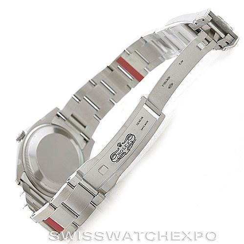 The image shows the back of a Rolex Air-King 114200 Men's Stainless Steel Silver Dial 114200 Men's Stainless Steel Silver Dial watch, focusing on the open clasp and stainless steel bracelet.