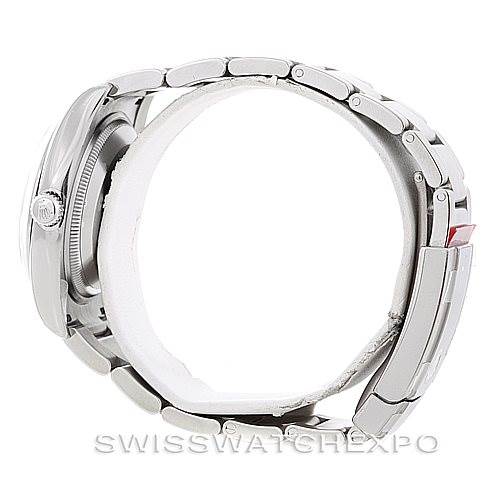 The image shows a side profile of the Rolex Air-King 114200 Men's Stainless Steel Silver Dial 114200 Men's Stainless Steel Silver Dial watch, focusing on the bracelet, case, and crown.